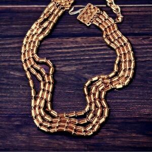 Vintage Gold Tone Elongated Ball Bead Beaded Chain Link Multistrand Necklace